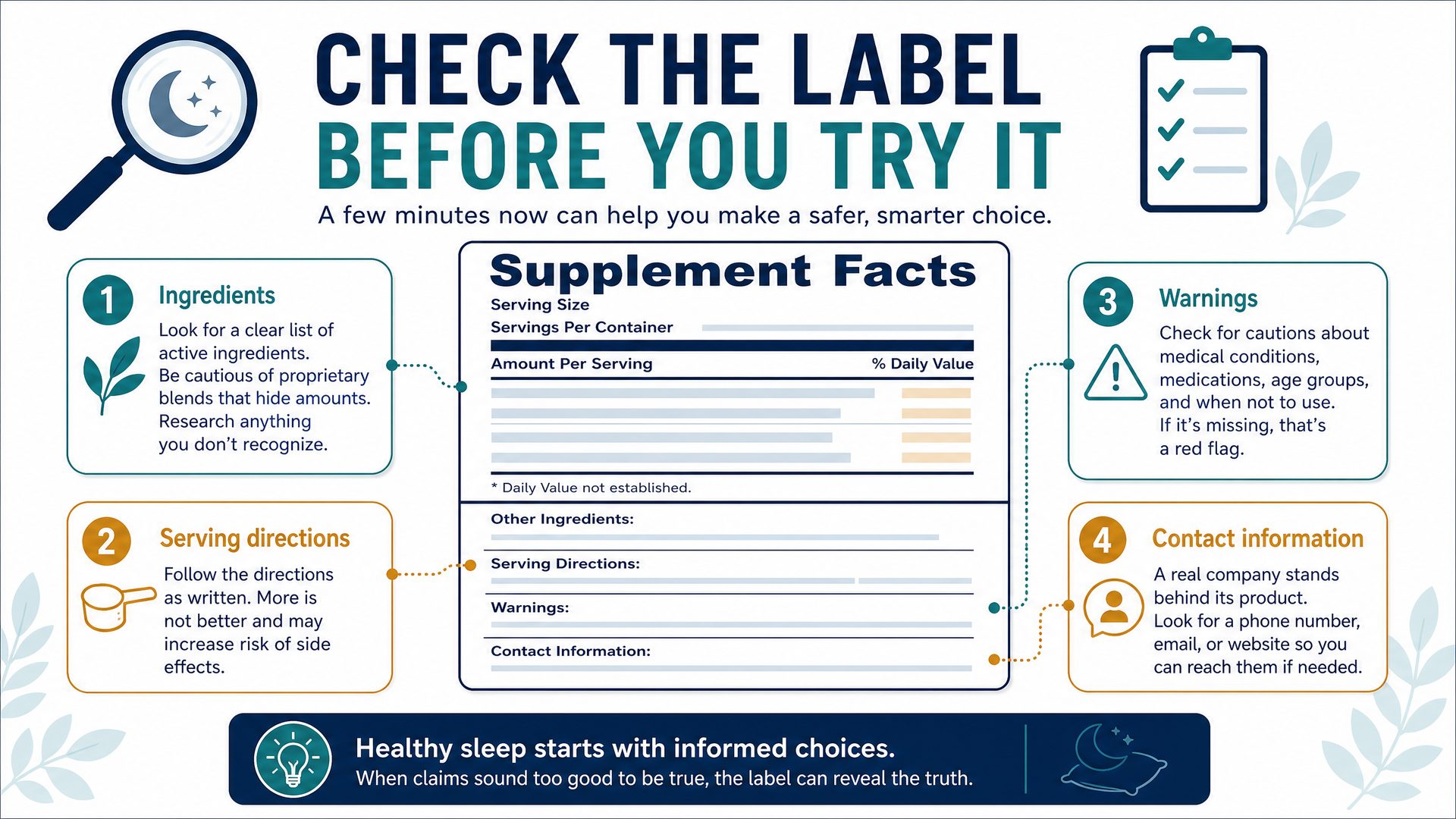 Checking the label of a sleep supplement