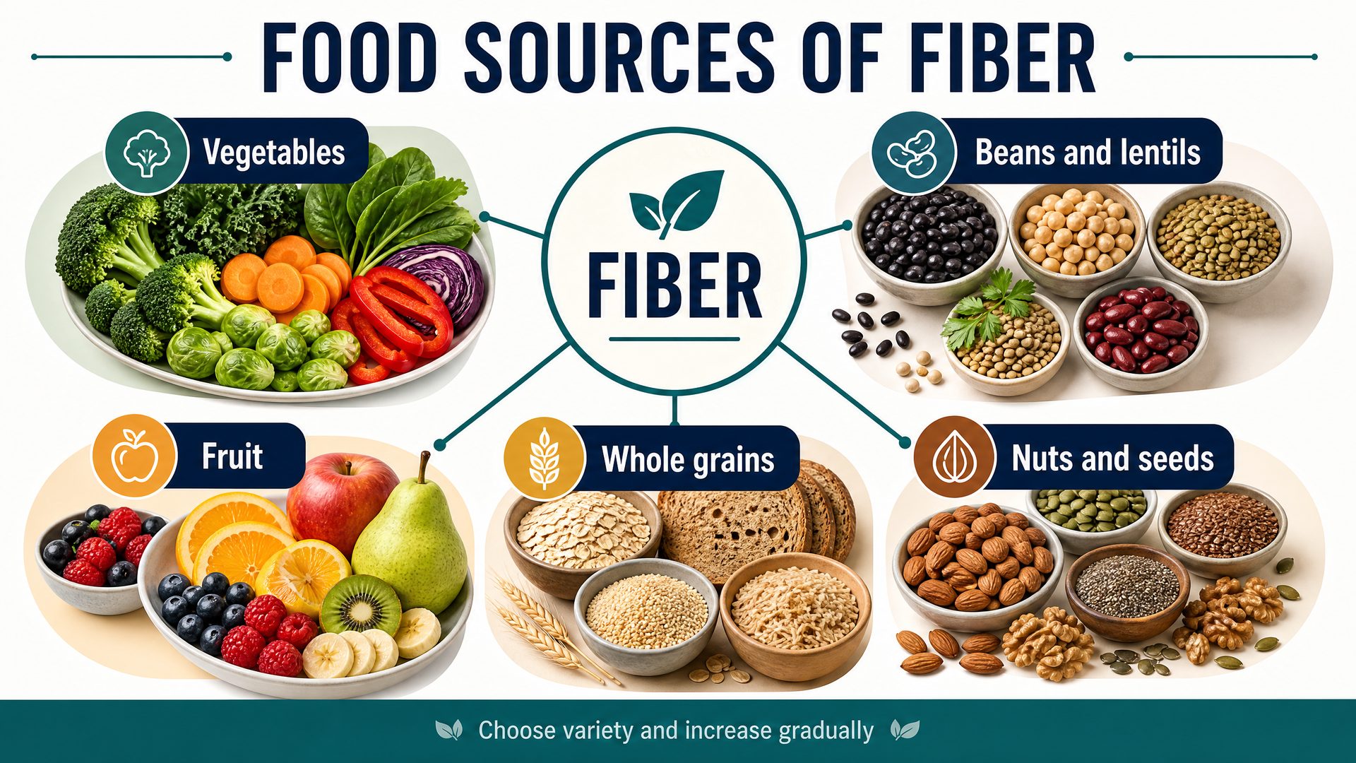 High-fiber foods grouped by food type