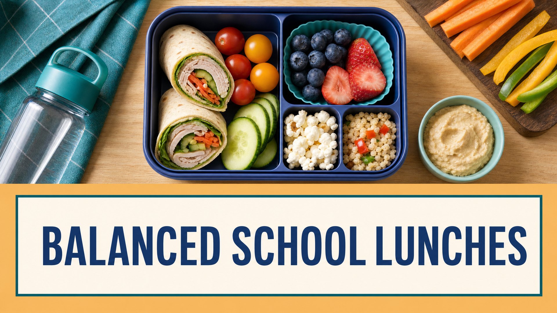 Balanced school lunch with protein, grains, fruit, vegetables, and water