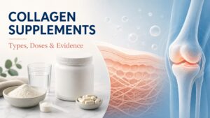 Collagen supplement powder and capsules beside an educational skin and joint illustration