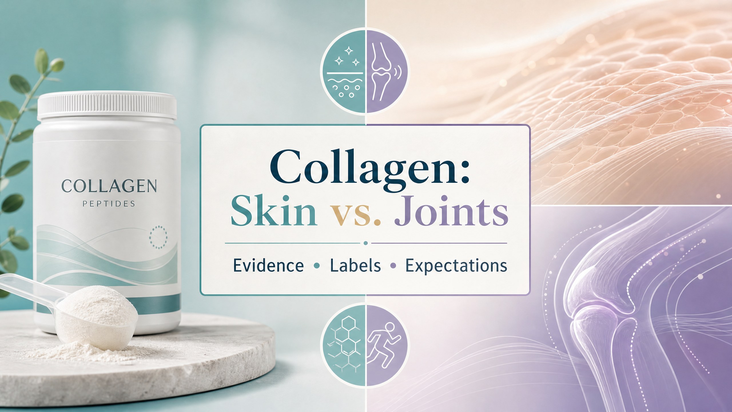 Split editorial illustration comparing collagen supplement questions for skin and joints