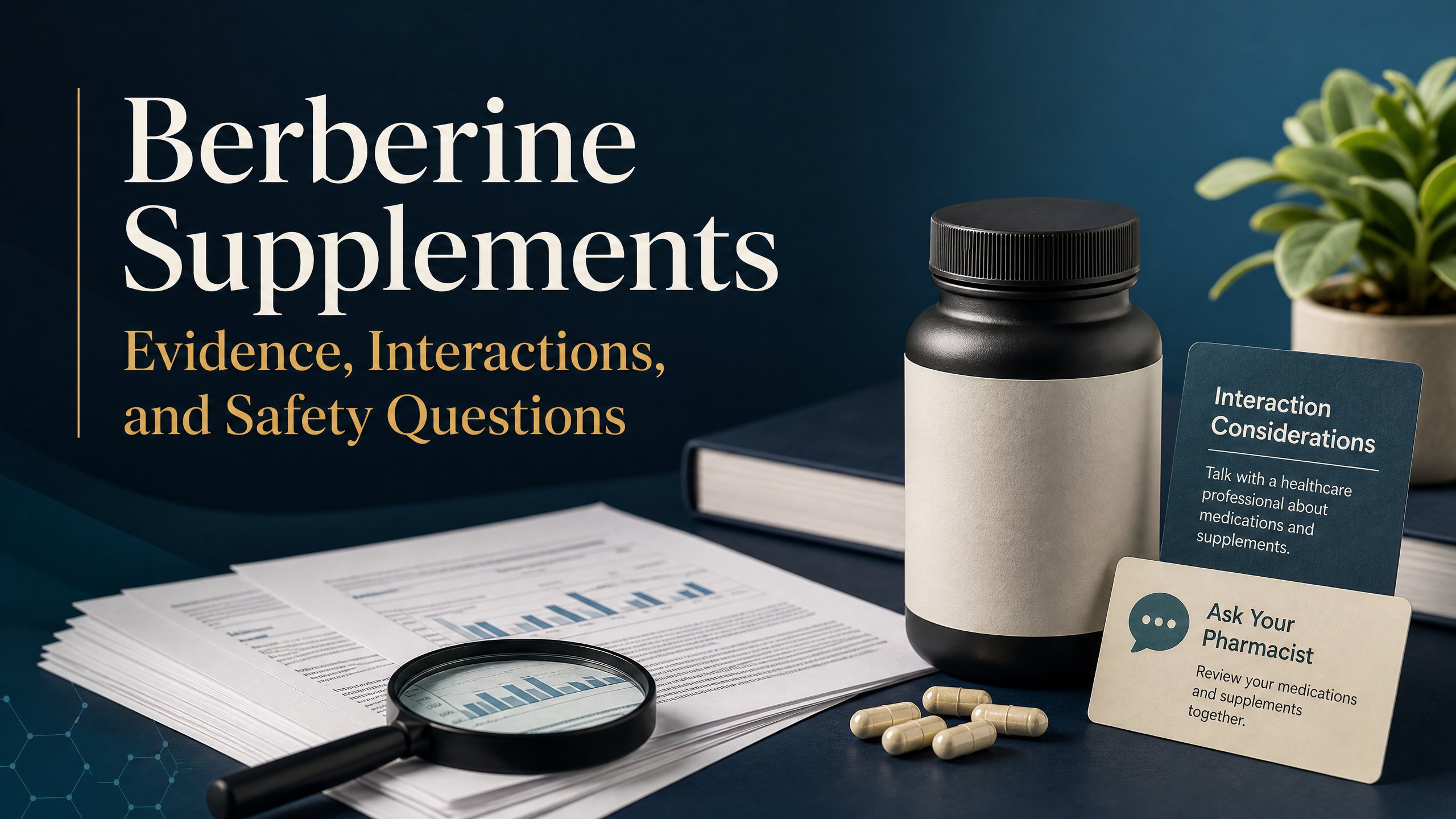 Berberine supplement illustration highlighting evidence, interactions, and safety questions
