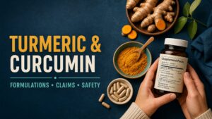 Turmeric and curcumin supplement capsules with a formulation and safety comparison