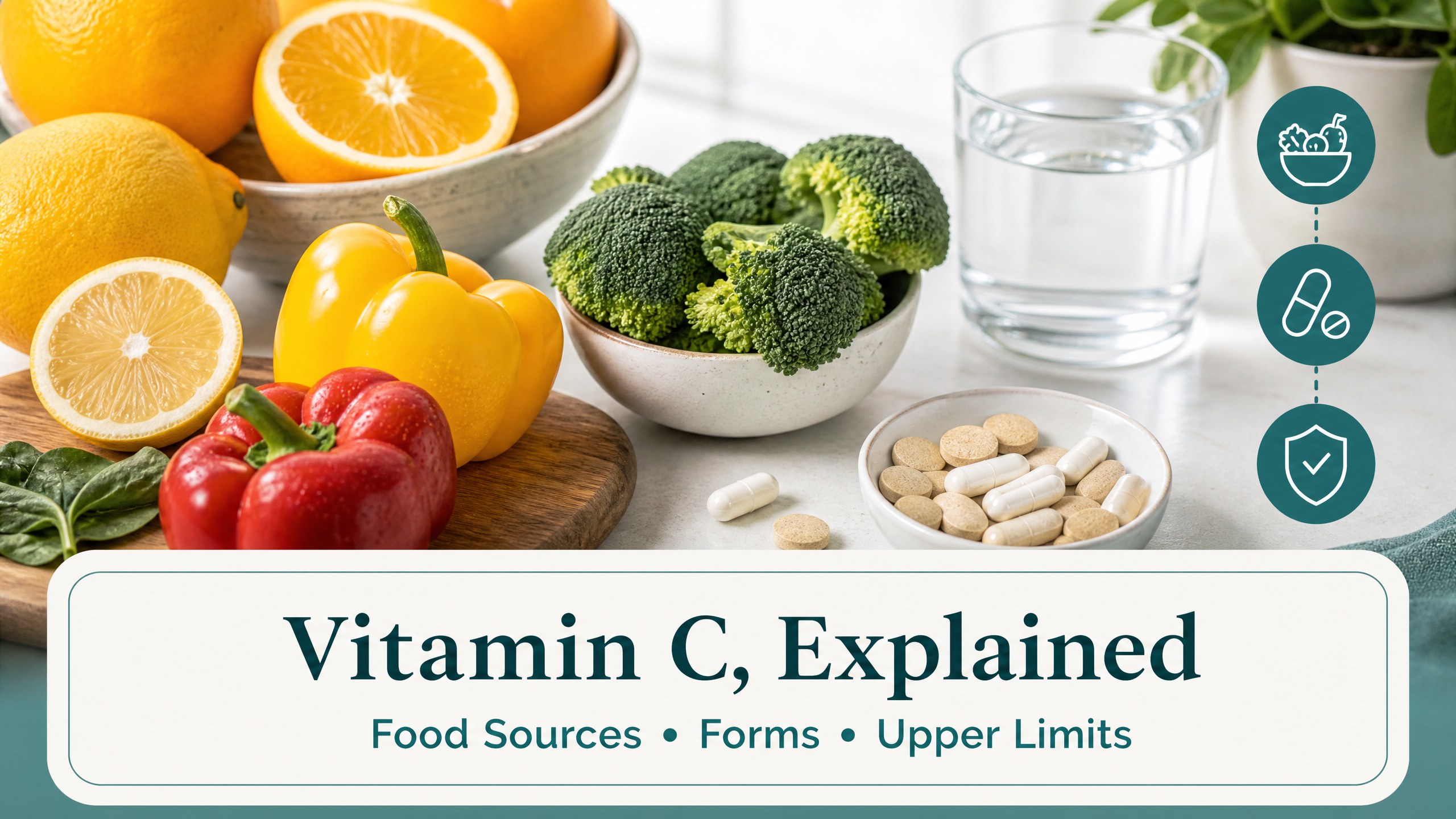 Citrus, peppers, broccoli, and generic supplement tablets representing vitamin C food sources and forms