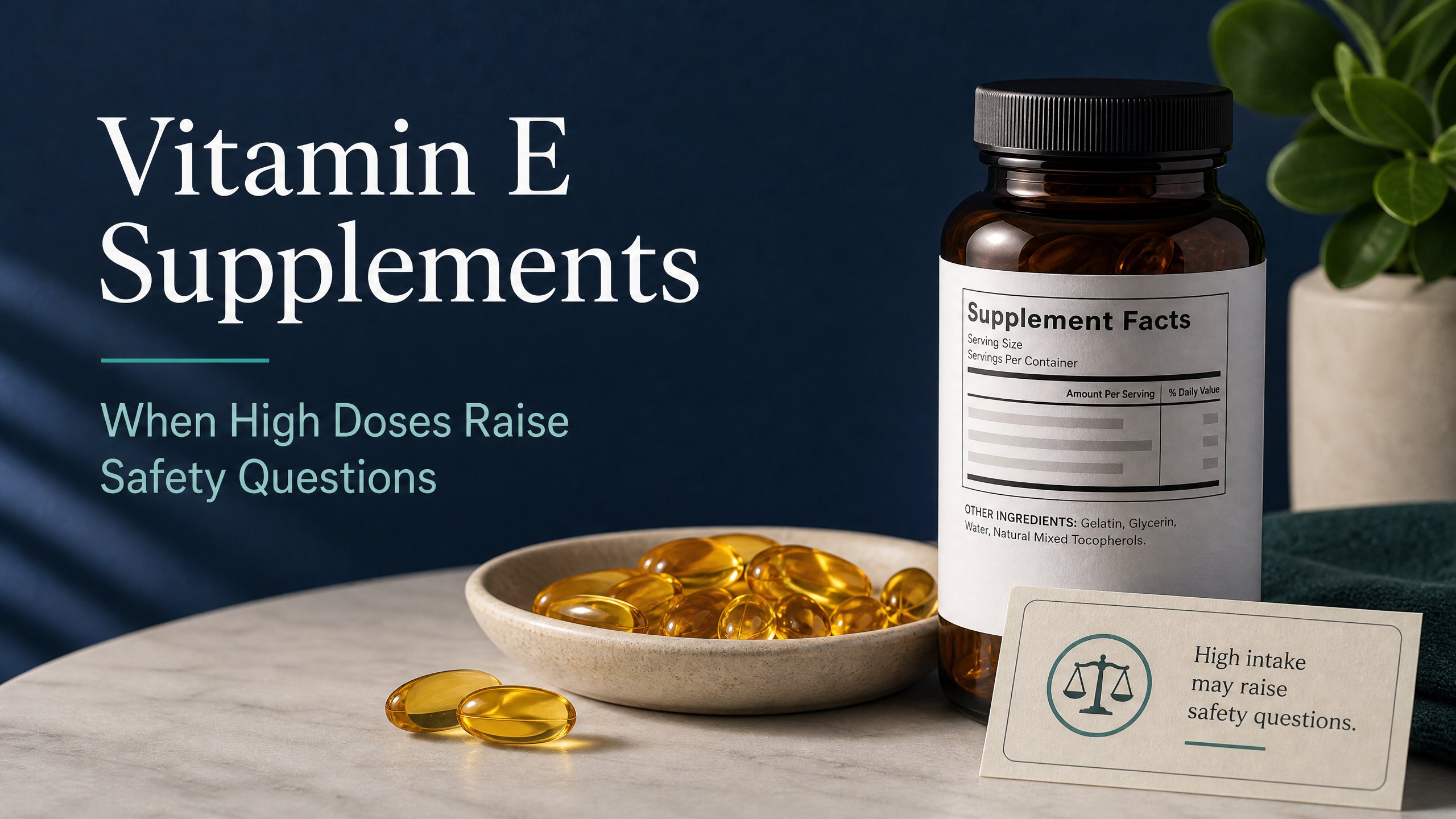Editorial illustration of vitamin E supplement safety and dose questions
