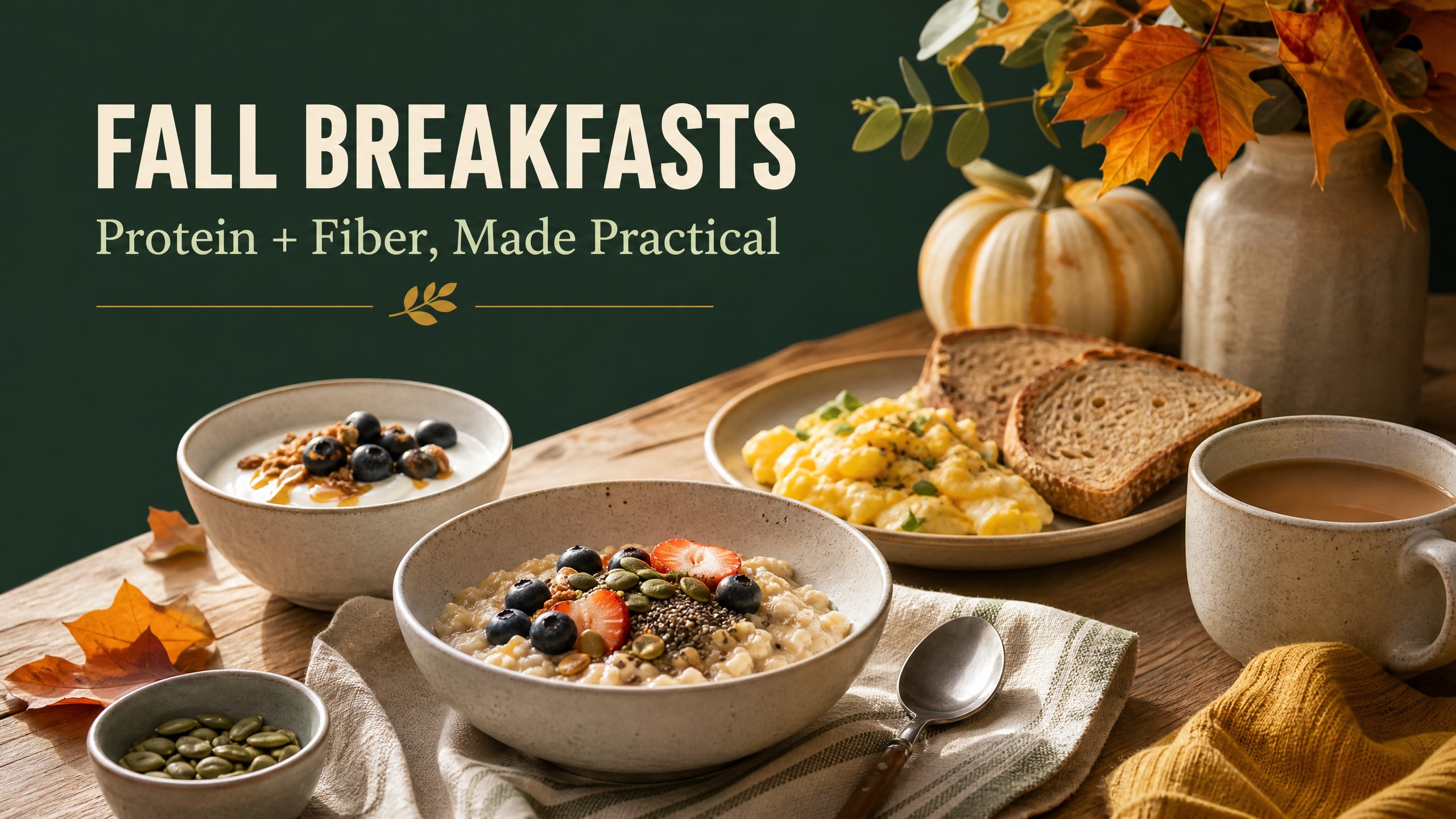 Autumn breakfast with oats, yogurt, berries, eggs, whole-grain toast, and seeds