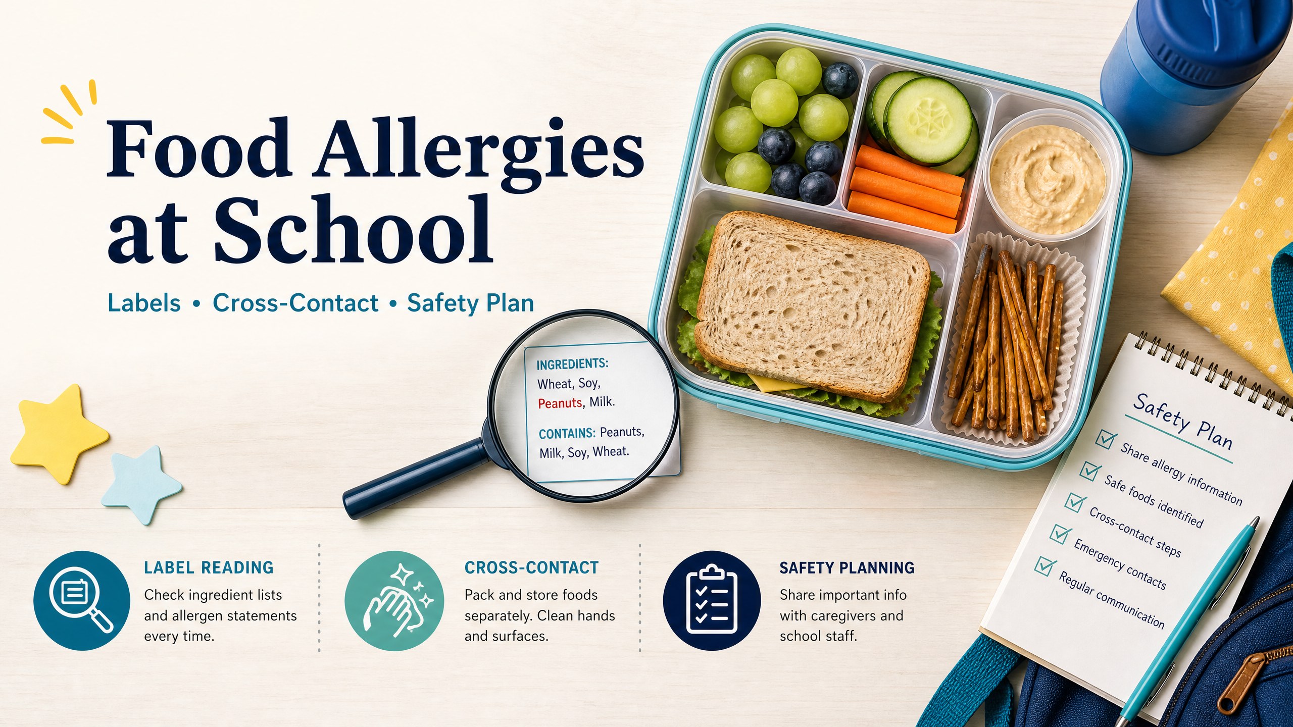 School lunchbox with separated foods and a label-reading motif for food allergy safety planning
