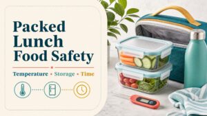 Packed lunch food safety illustration showing safe storage and temperature awareness