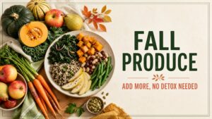 Colorful fall seasonal produce arranged as practical fruit and vegetable choices