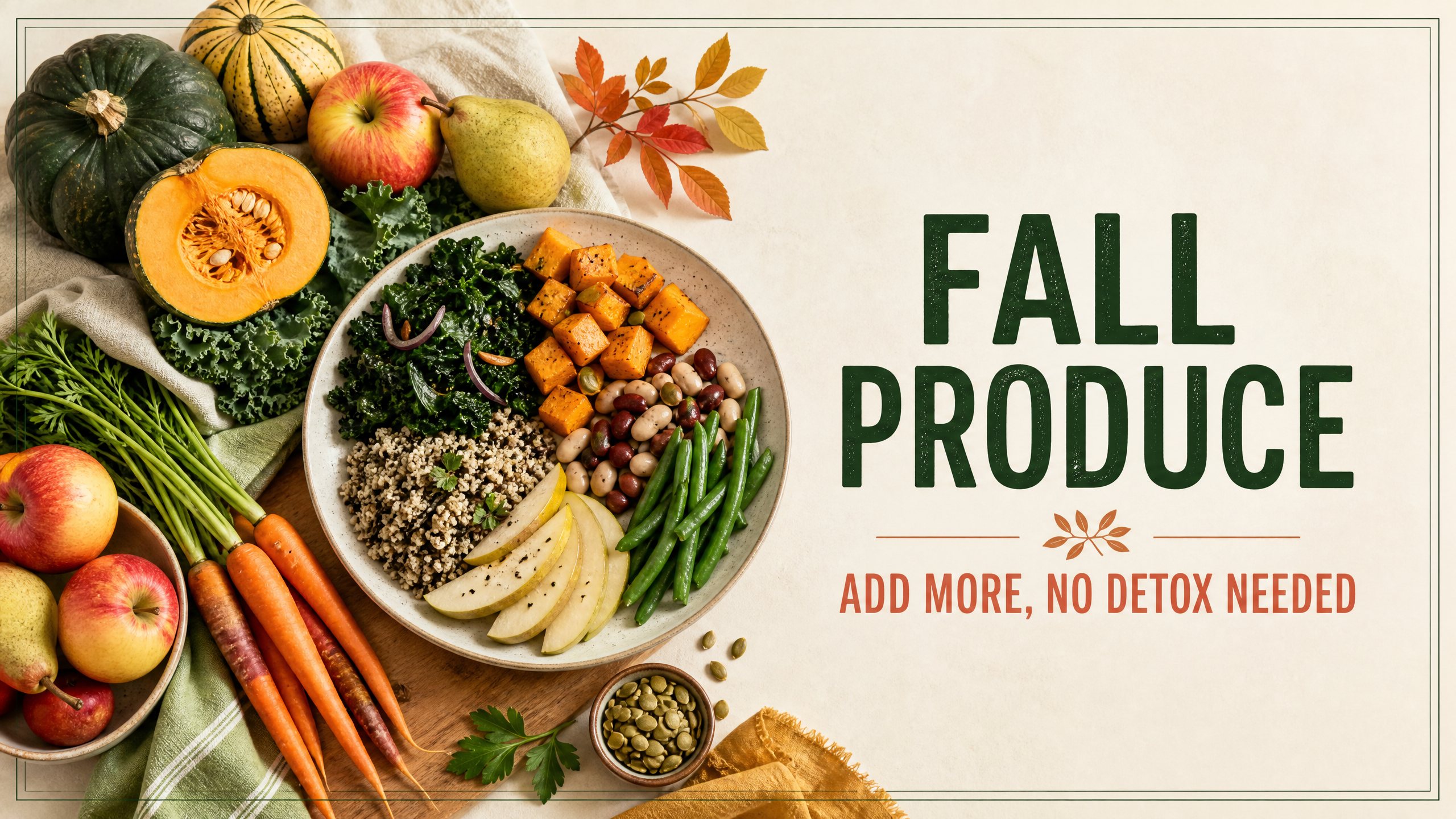 Colorful fall seasonal produce arranged as practical fruit and vegetable choices