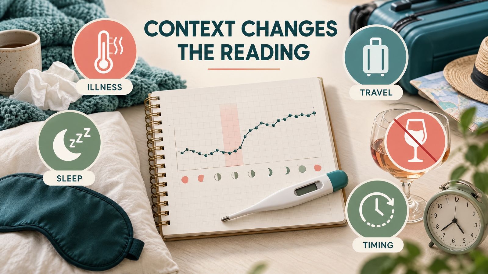 Illness, sleep disruption, travel, alcohol, and timing can blur basal body temperature readings.