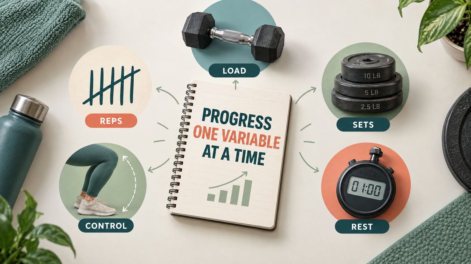 Five progressive overload variables: load, repetitions, sets, control, and rest.