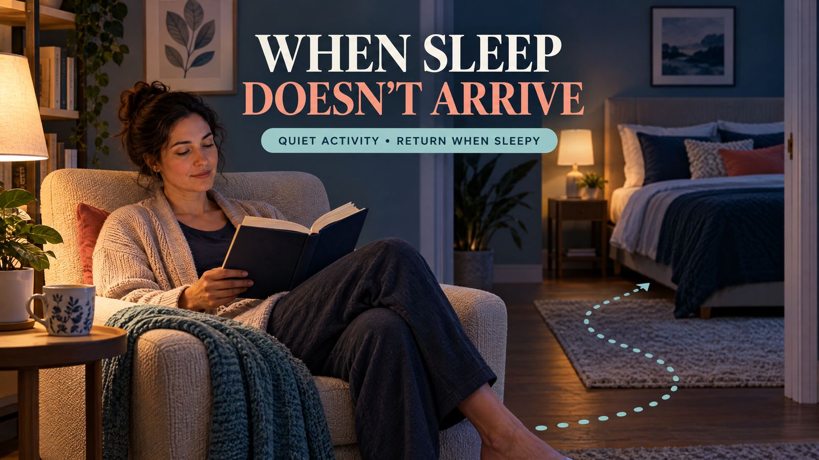 A quiet activity away from bed when sleep does not arrive, with a return to bed when sleepy.