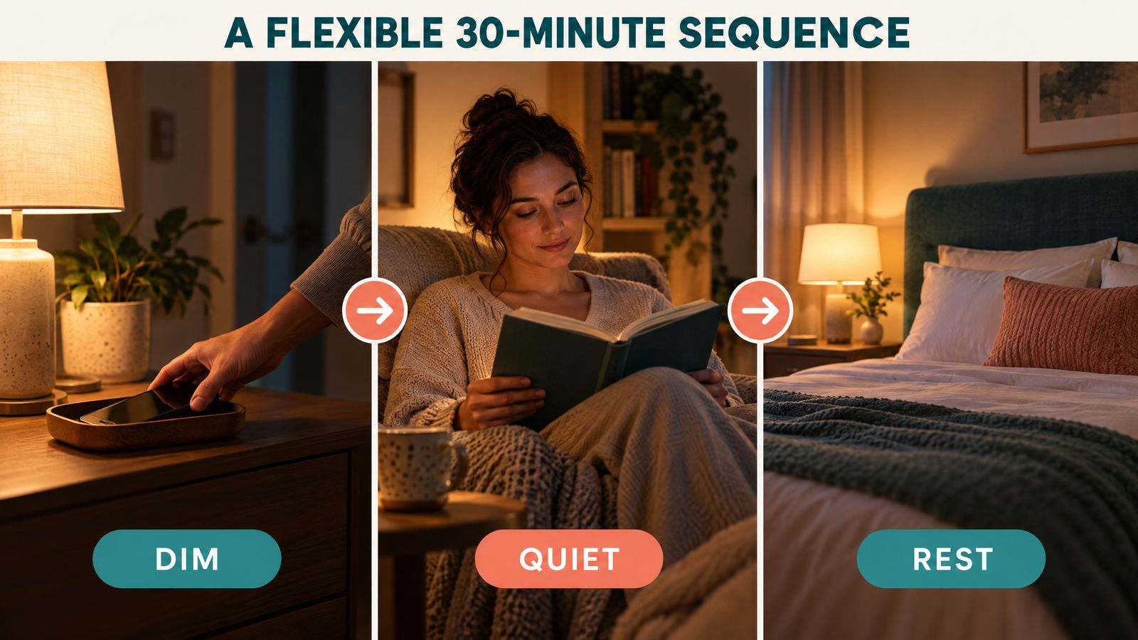 A flexible 30-minute wind-down sequence: dim, choose a quiet activity, and prepare for rest.