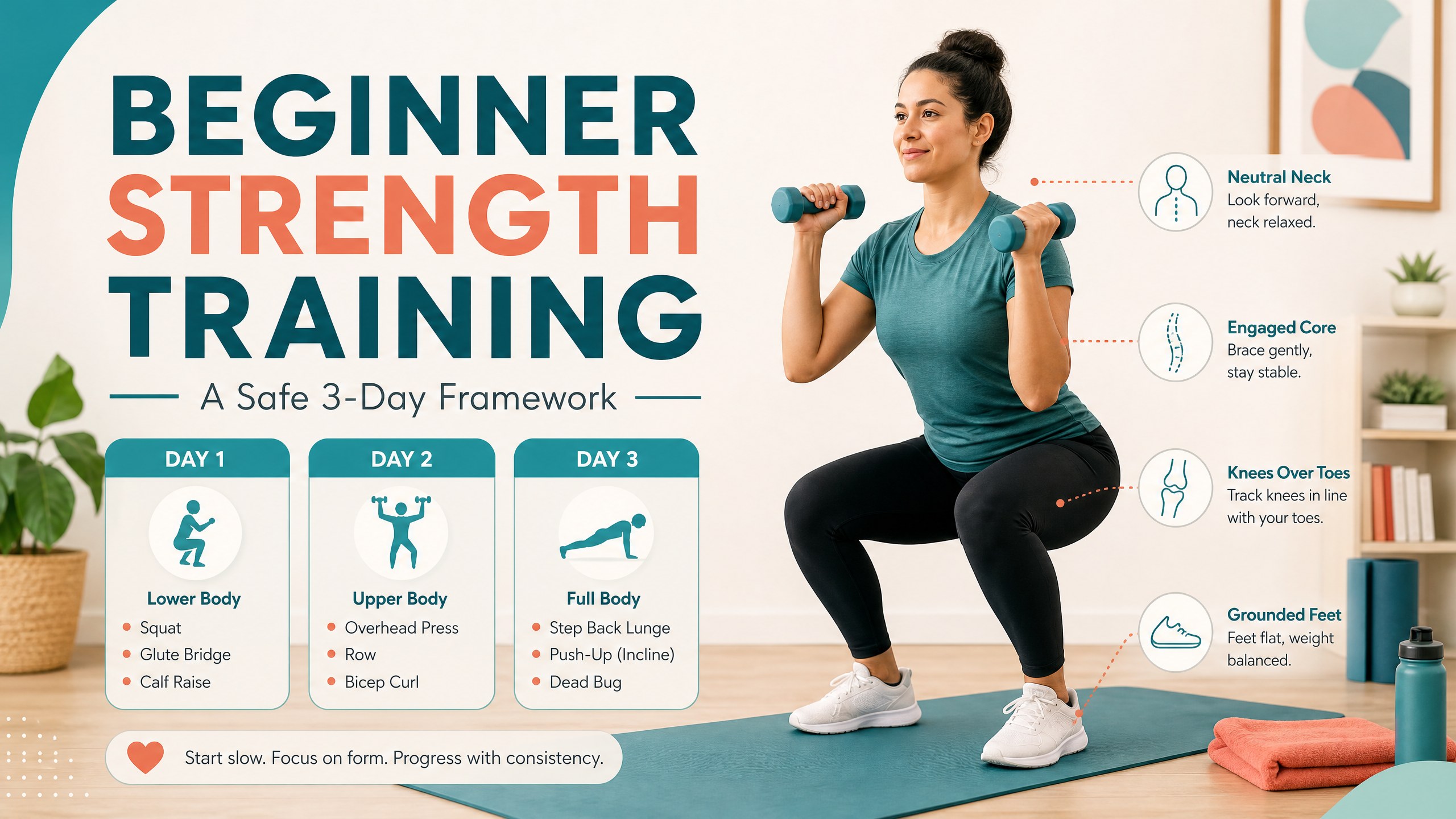 Beginner strength training with dumbbells and safe exercise technique