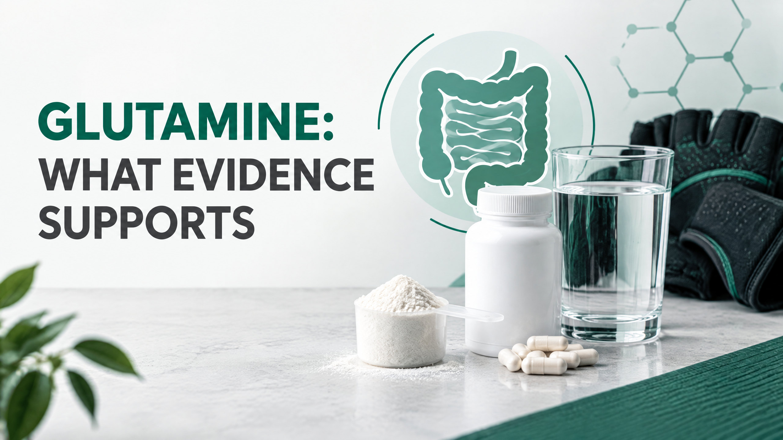 Glutamine supplement powder, capsules, water, and a digestive health illustration