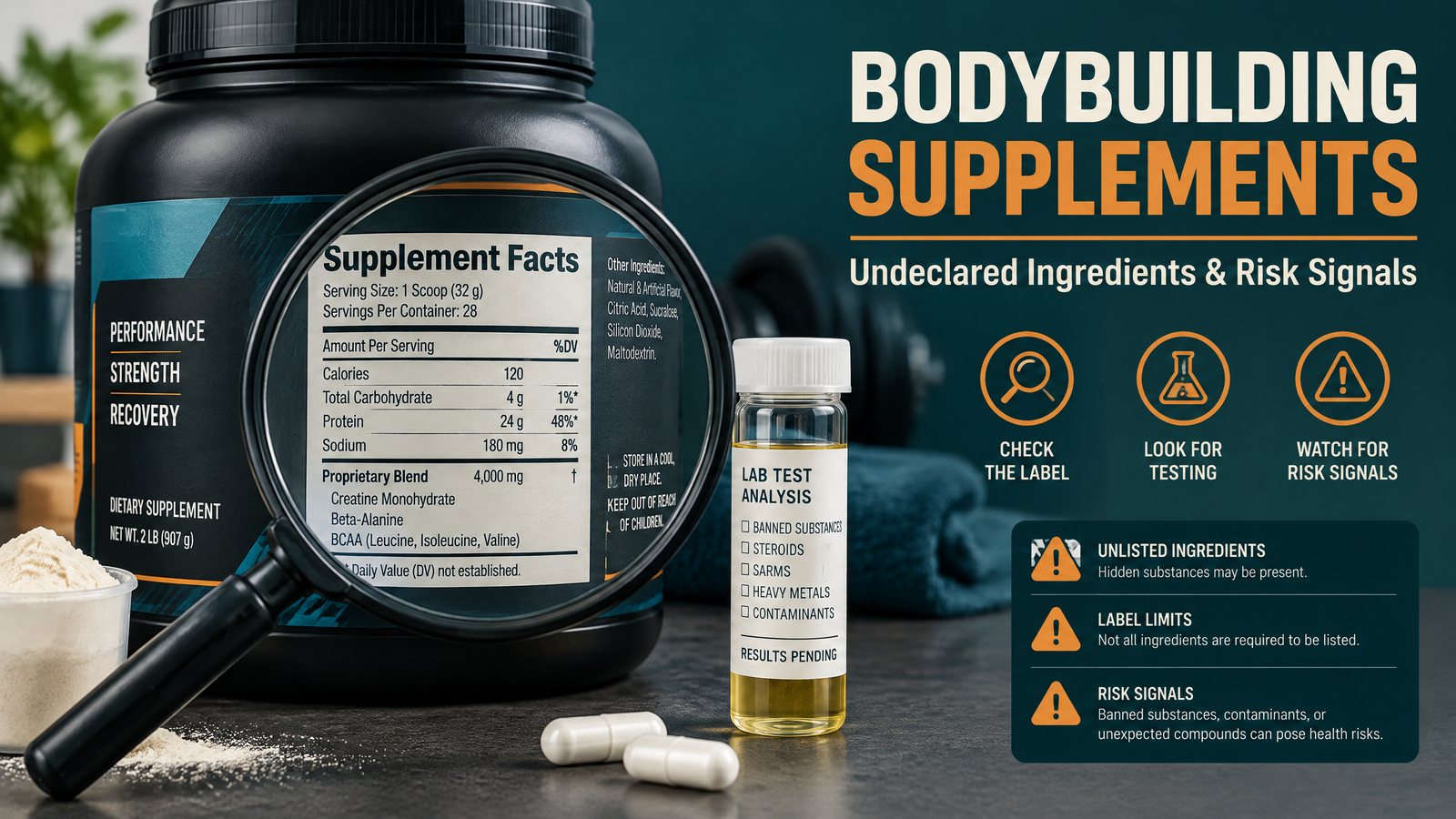 Bodybuilding Supplements and Undeclared Ingredients: Label Limits and Risk Signals