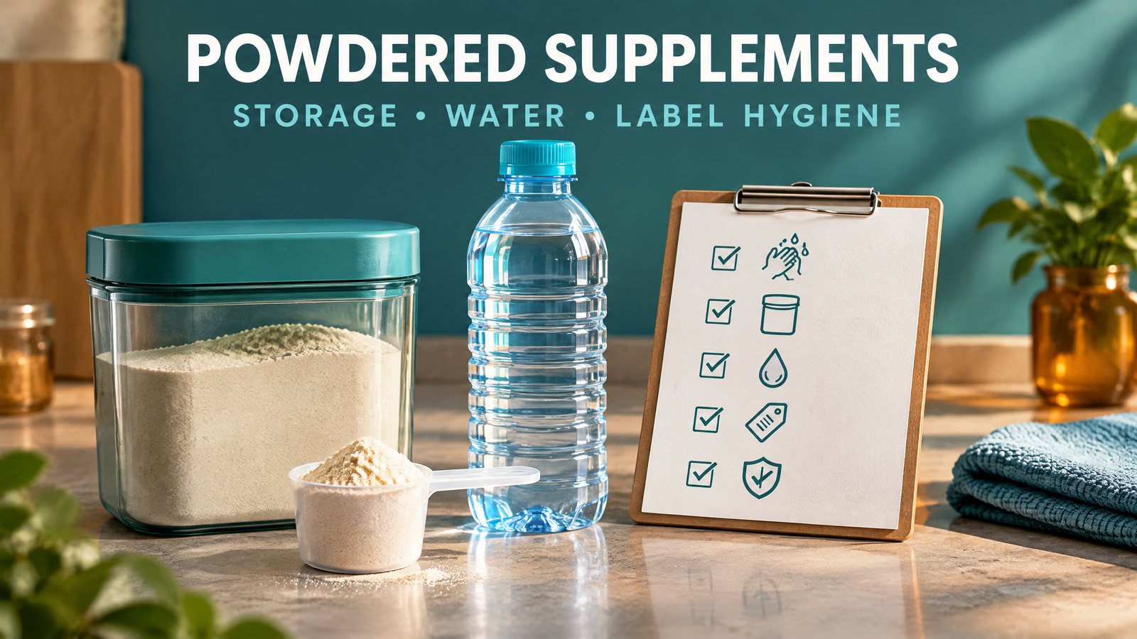 Powdered supplements: storage, water, and label hygiene