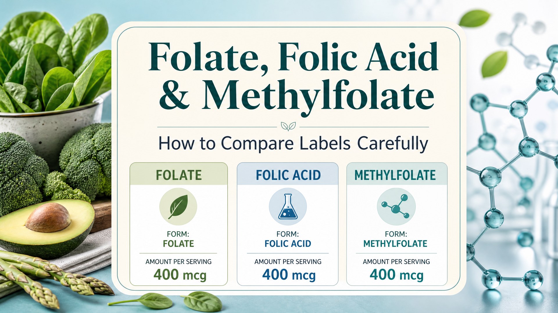 Folate, folic acid, and methylfolate supplement label comparison