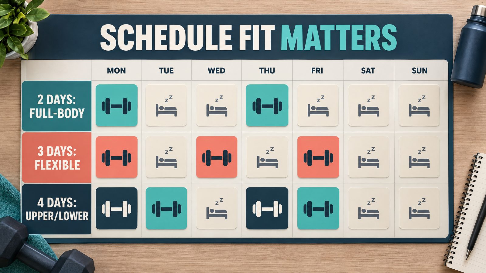 Weekly schedule fit for two-day full-body, three-day flexible, and four-day upper/lower training.