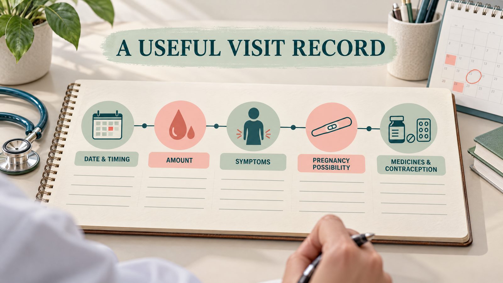 A useful visit record for spotting: date, amount, symptoms, pregnancy possibility, medicines, and contraception.
